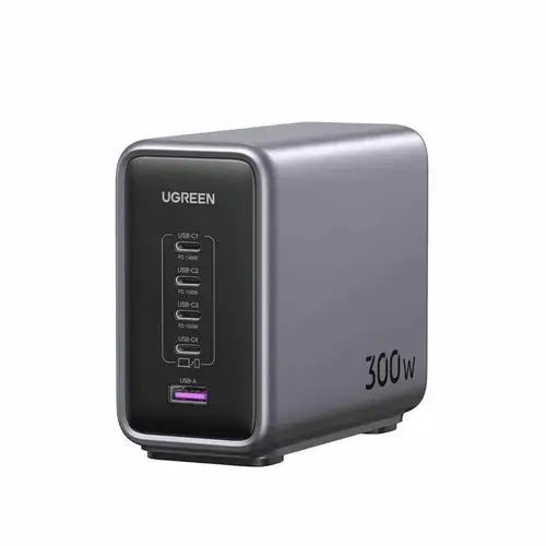 Statie de incarcare Ugreen Nexode 300W, GaN, 4x USB-C, 1x USB-A, cu cablu incarcare inclus, Gri