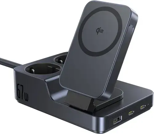 Statie incarcare Baseus Nomos ND11 6 in 1, 2x AC, 1x USB-A, 2x USB-C, Qi2 Wireless, 67W, 1.5m (Negru)