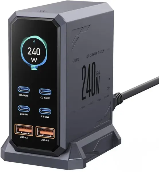 Statie Incarcare GaN iSEN HW186, 240W, 6 Porturi, 4 USB-C PD3.1 + 2 USB-A QC3.0, Display LED, Incarcare Rapida Laptop, Telefon si Tableta