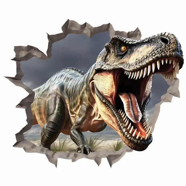 Sticker perete 3D Dinozaur T-Rex realist, Autocolant Textil Premium Repozitionabil, 60x50 cm