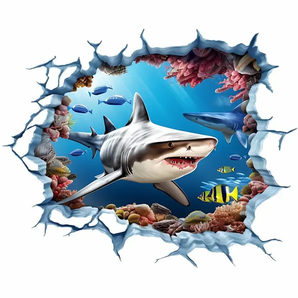 Sticker perete 3D Rechin, Autocolant Textil Premium Repozitionabil, 60x50 cm