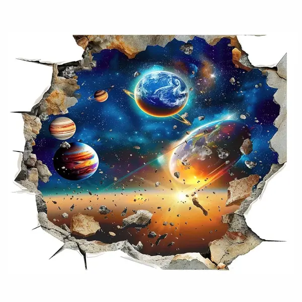 Sticker perete 3D Spatiu cu planete, Autocolant Textil Premium Repozitionabil, 60x50 cm