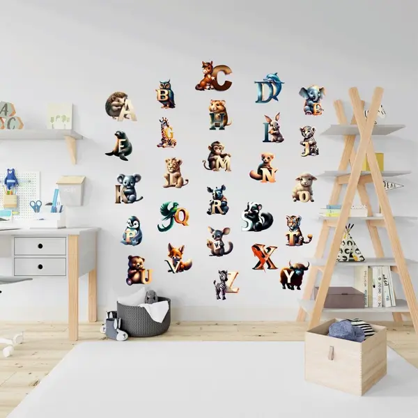 Stickere perete Alfabetul cu Animale, set 26 stickere, autocolant textil premium, repozitionabil