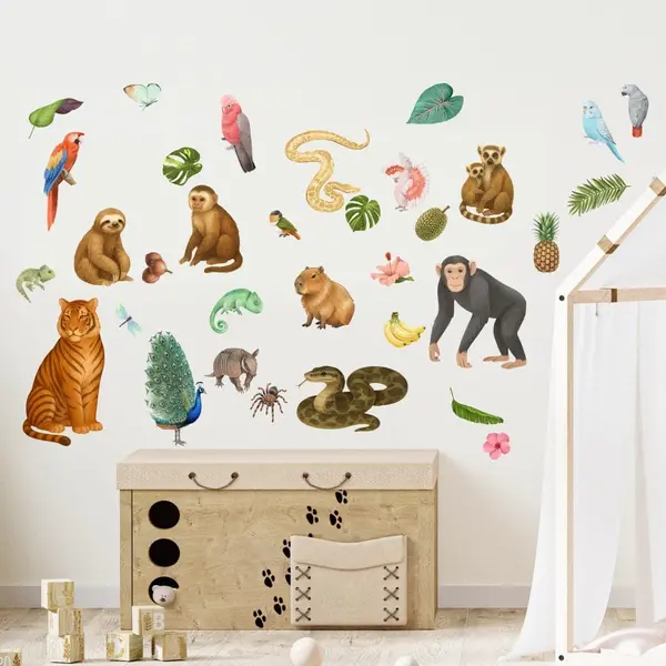 Stickere perete Animale din Jungla, set 35 stickere, autocolant textil premium, repozitionabil
