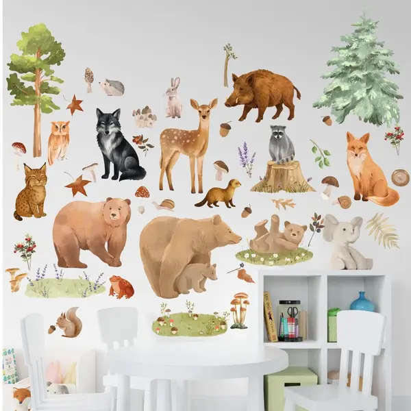 Stickere perete Animale din Padure, 49 stickere, autocolant textil premium, repozitionabil