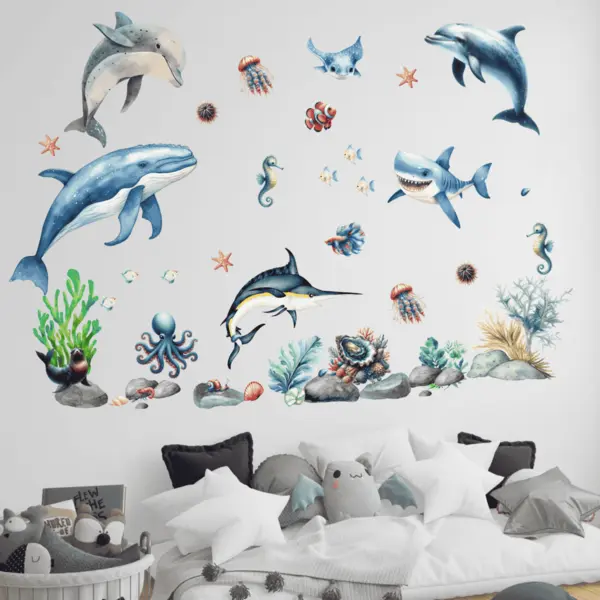 Stickere perete Animale Marine, 44 Piese, autocolant textil premium repozitionabil