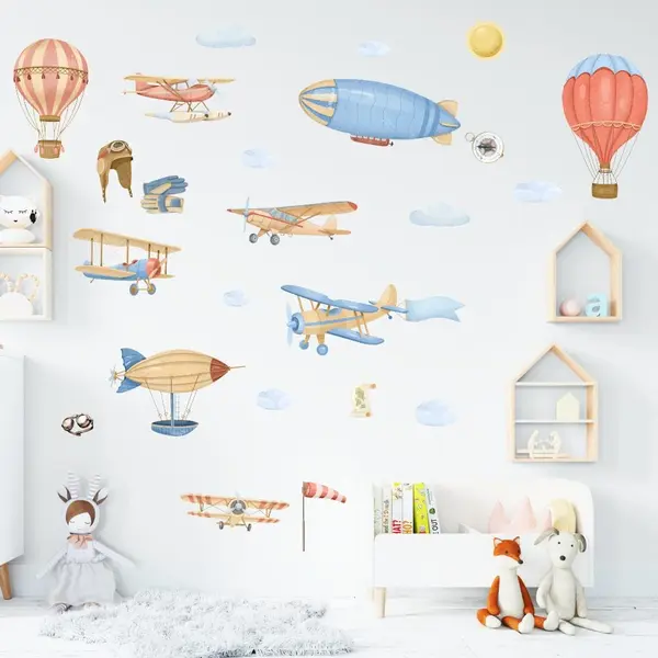 Stickere perete Aviatie, set 25 stickere, autocolant textil premium, repozitionabil