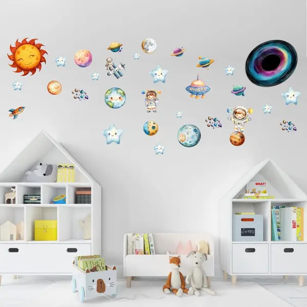 Stickere perete Spatiu si Planete, set 22 stickere cu Stele si Planete, autocolant textil premium, repozitionabil