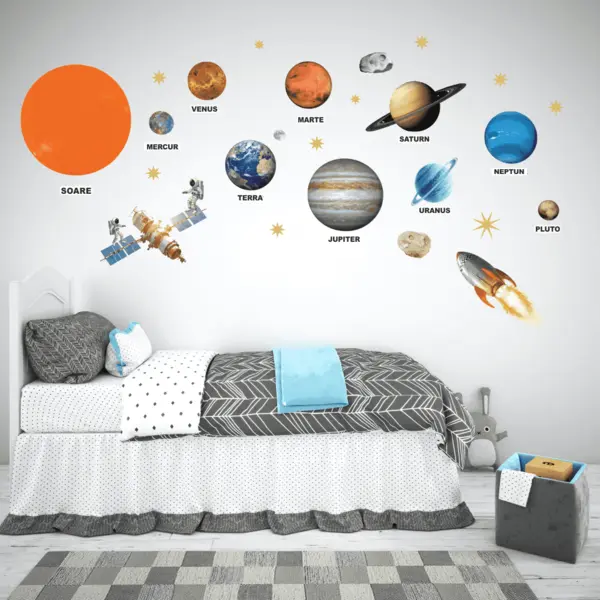 Stickere perete Spatiu si Planete, set 38 stickere cu Astronauti si Stele, autocolant textil premium, repozitionabil
