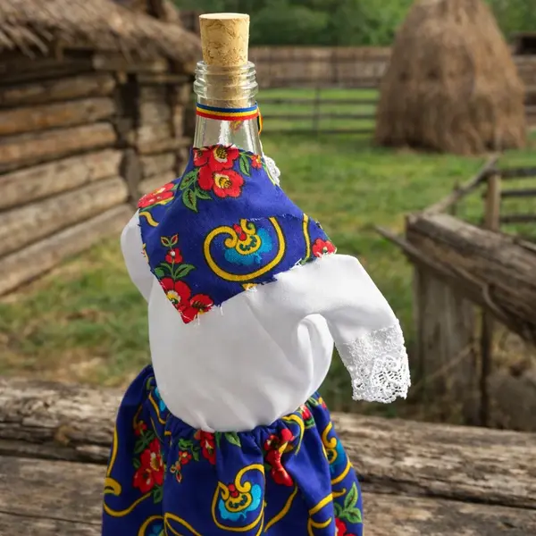 Sticla artizanala pentru tuica si palinca, imbracata in port popular - Morosanca Albastru, 250 ml