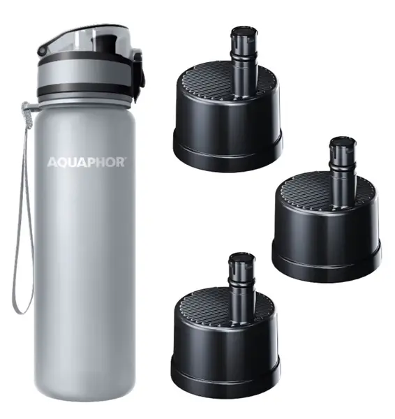 Sticlă de apă filtrantă Aquaphor - City, 0.5 l, 3 filtre, gri