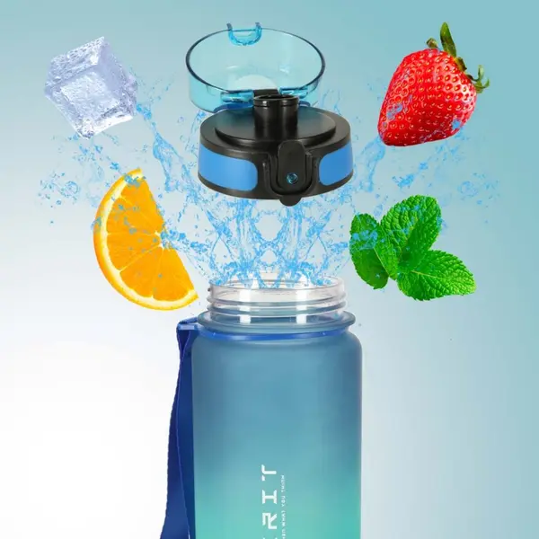 Sticla de apa motivationala Ikonka bluegreen, cu marcaje de timp si volum, capac anti-scurgere, capacitate 600 ml