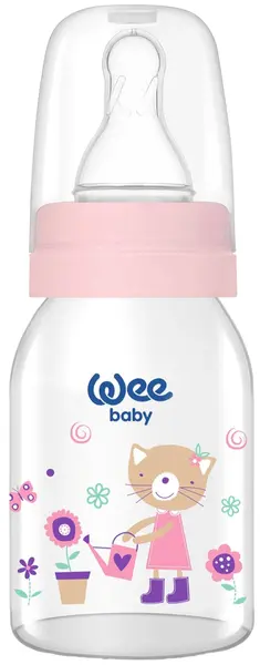 Sticlă de sticlă Wee Baby Classic - 125 ml, roz cu o pisicuță
