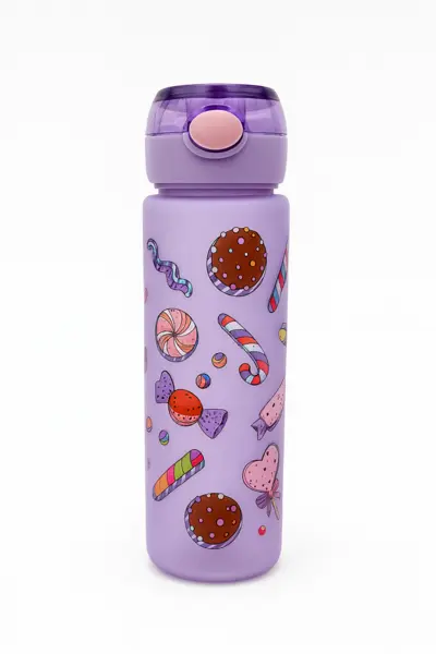 Sticla Kids Candy Purple 500ml - Model Vesel cu Dulciuri, Pai si Capac Flip Anti-Scurgere