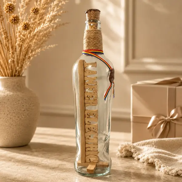 Sticla Personalizata cu Nume - Artizanala cu Lemn in Interior, Cadou pentru El sau Ea 750 ml