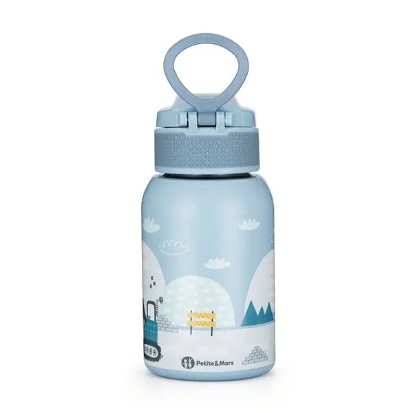 Sticla termos lichide, Petite&Mars, Work Zone, Din otel inoxidabil, Cu mentinere de temperatura calda pana la 12 h, Rece pana la 24 h, 350 ml, Fara BPA, Cu maner de transport, 12 luni+, Albastru