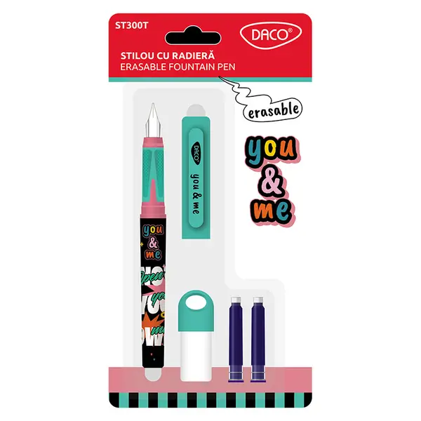 Stilou cu radiera Daco You&Me verde + 2 rezerve + dispozitiv curatare