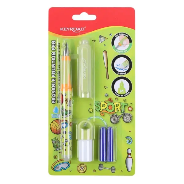 Stilou Keyroad cu Cerneala care se sterge + 2 Rezerve + Dispozitiv Curatare Penita,corp verde