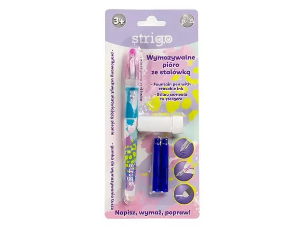 Stilou Strigo cu Cerneala Albastra care se sterge + Dispozitiv Curatare Penita + 2 Rezerve , Design Roz
