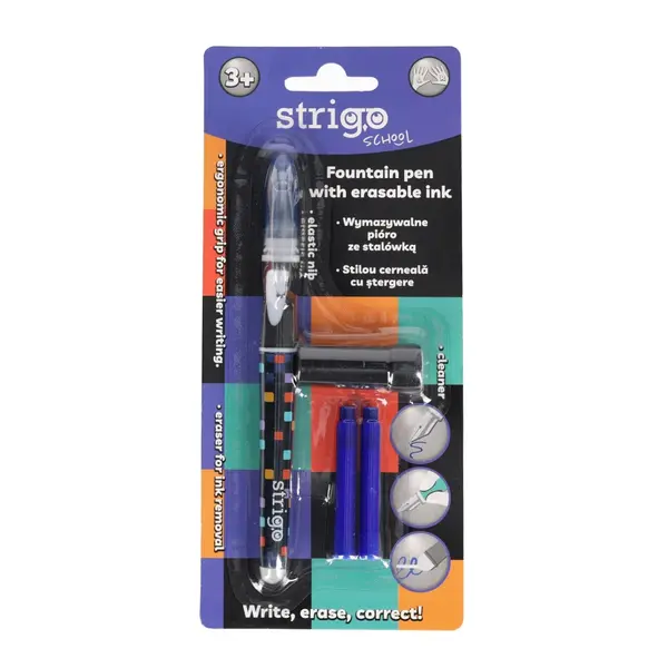 Stilou Strigo Pixel cu Cerneala Albastra care se sterge + Dispozitiv Curatare Penita + 2 Rezerve