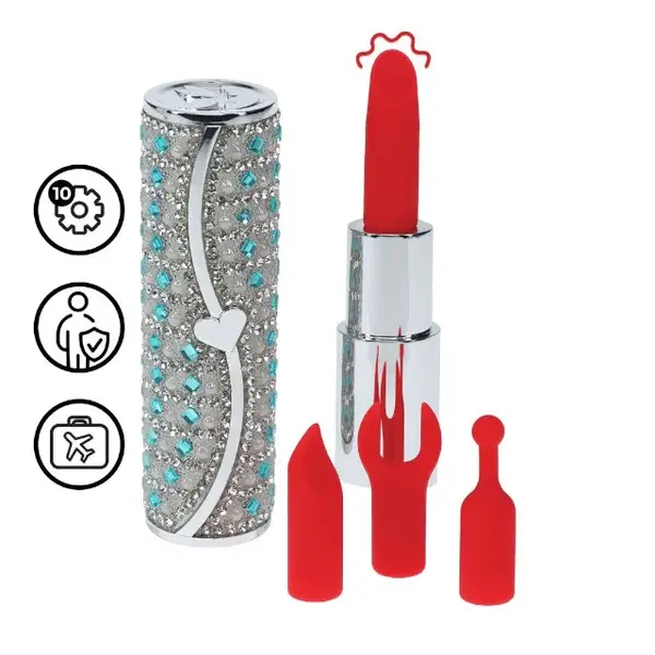 Stimulator clitoris LOVELINE Tiffany, în formă de ruj, design elegant, capete interschimbabile din silicon, 5 funcții de vibrație, culoare albastru