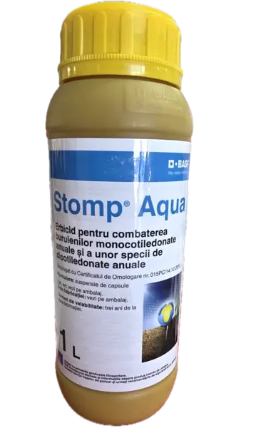 Stomp Aqua 1L, erbicid preemergent selectiv, BASF, combate buruienile monocotiledonate anuale si unele dicotiledonate anuale in culturile de porumb, floarea soarelui, grau, ceapa, vita de vie, pomi fructiferi, tomate, orz, cartof - Default Title