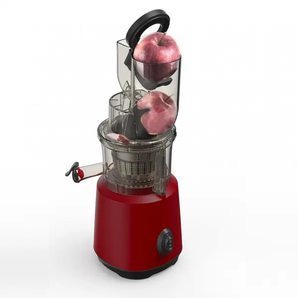 Storcator de fructe si legume cu melc, 240W, 65 RPM, antipicurare, recipient suc 700 ml, recipient pulpa 700 ml, functie reverse, presare la rece, tub alimentare 7.6 cm, rosu