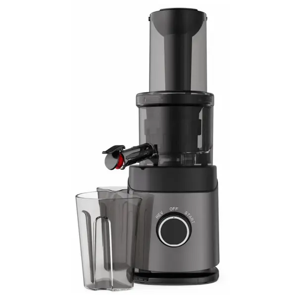 Storcator de fructe si legume cu melc, putere 150W, 65 RPM, antipicurare, recipient suc 700 ml, recipient pulpa 700 ml, functie reverse, presare la rece, tub alimentare de 45 mm si 76 mm, negru cu gri
