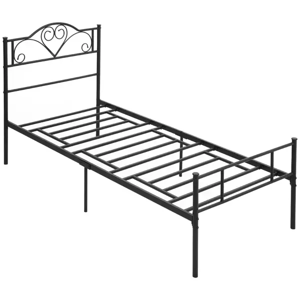 Structura Pat HOMCOM, 1 loc din Otel 900x200cm, Sipci Integrate, Tetiera si Tablie, Negru | Aosom Romania