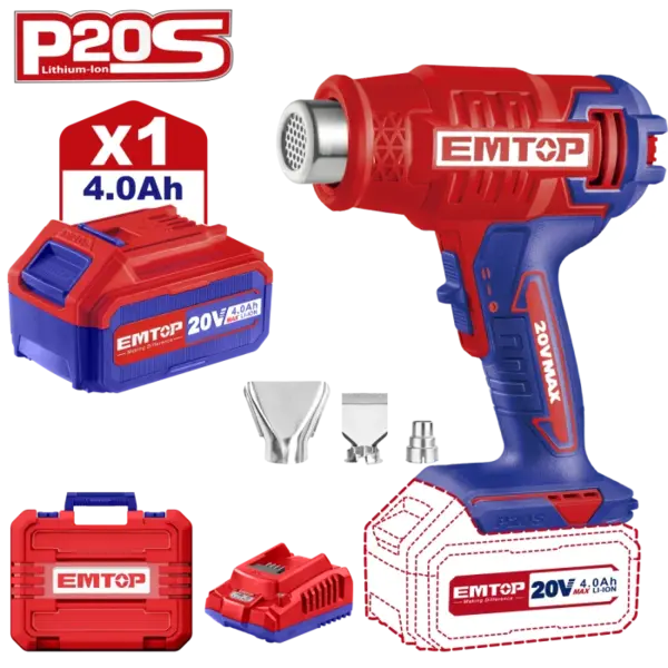 Suflanta aer cald (feon) cu 1 acumulator 4.0AH, cutie transport - EHGN200215, EMTOP