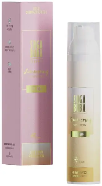 Suga Buba Loțiune de protecție solară organică strălucitoare, SPF20+, 100 ml