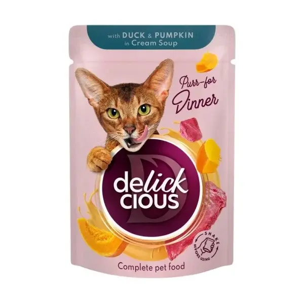 Supa cremoasa pentru pisici Delickcious Fasii de rata dovleac 85 gr