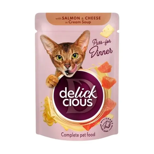 Supa cremoasa pentru pisici Delickcious Fasii de somon branza 85 gr