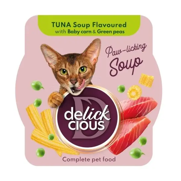 Supa pentru pisici Delickcious cu ton, porumb mazare 80 gr