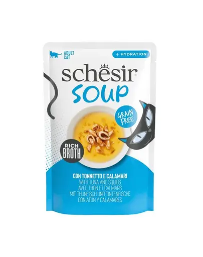 Supă pisici ton și calamar SCHESIR Soup 40 g pentru hidratare