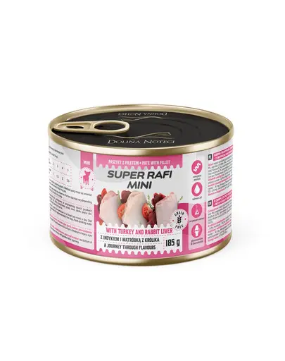 SUPER RAFI Mini cu curcan și ficat de iepure 185 g hrană umedă pentru câini de talie mică