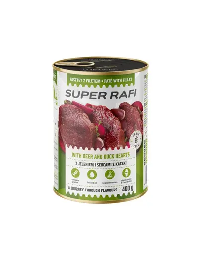 SUPER RAFI Pate cu cerb și inimi de rață 400 g pentru câini adulți