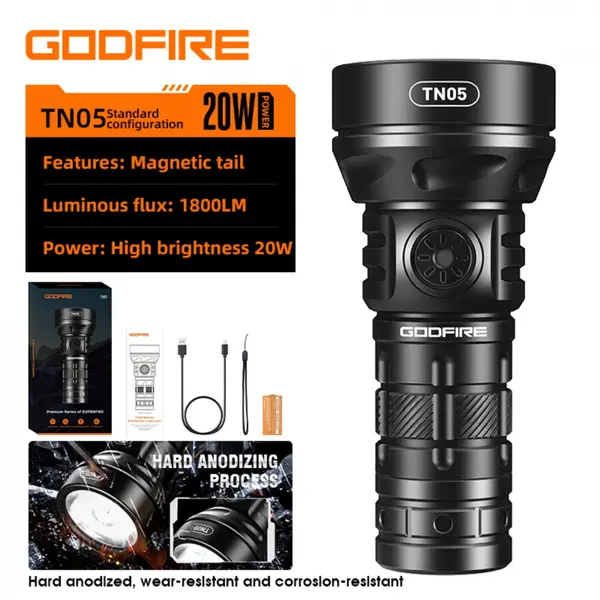 Supfire Lanterna LED Godfire TN05, 20W, 1600lm, 362m, IP55, magnet, USB-C, 5 moduri, Lumina de urgenta