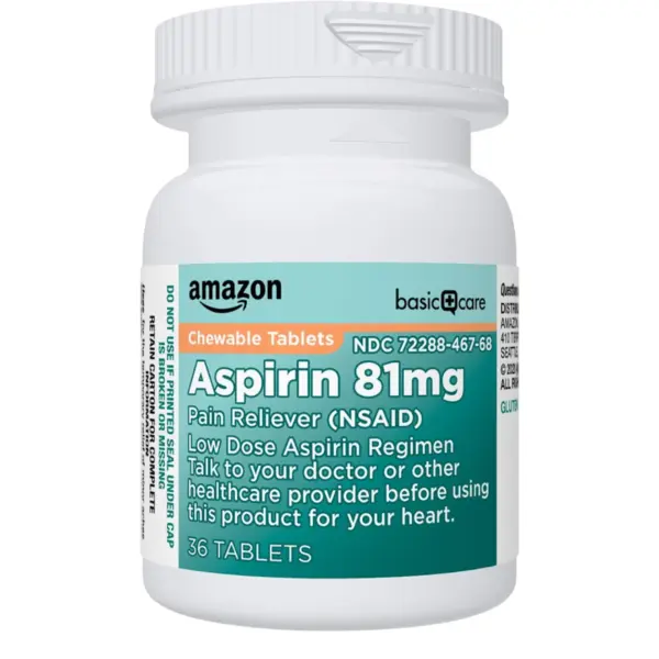 Supliment, Amazon Basic Care, Aspirin, 81 mg, pentru Ameliorarea Durerilor Usoare, Aroma de Portocala, 36 tablete