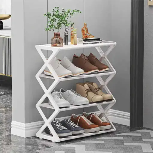 Suport depozitare și organizare pantofi, 4 rafturi, alb, metal și plastic, 58 cm