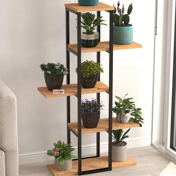 Suport flori Papatya multifunctional, etajera decorativa pentru ghivece si obiecte 40 x 120 cm, cadru metalic negru + rafturi PAL melaminat 18 mm, ideal pentru living balcon sau birou, stil industrial modern