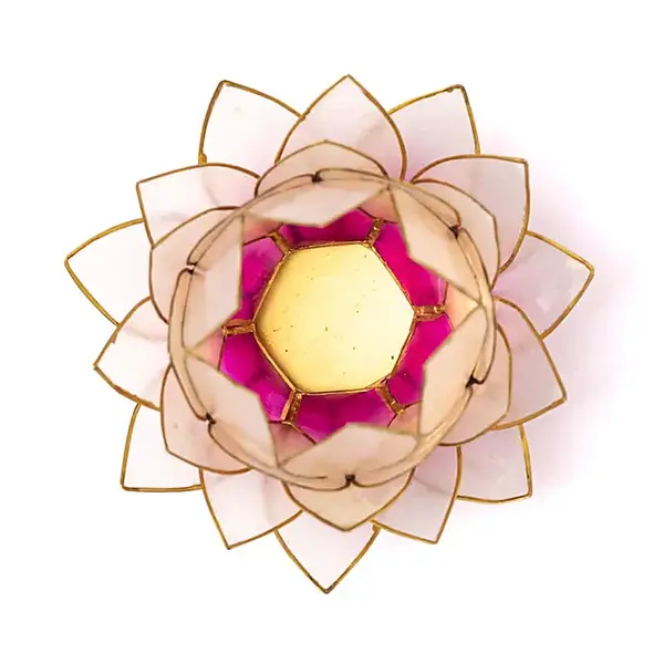 Suport lumanare alb roz natural floare lotus din Philippine cu cochilii Capiz Large