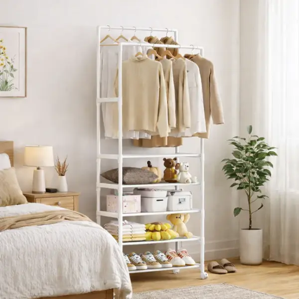 Suport multifunctional haine si incaltaminte cu rafturi si bara umerase 185x56x30 cm