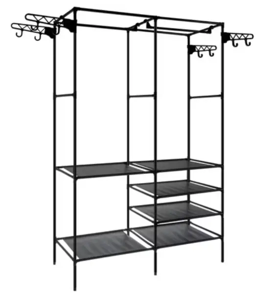 Suport pentru haine din metal 6 rafturi cu 2 bare de suspendare 86x30x180cm ALB