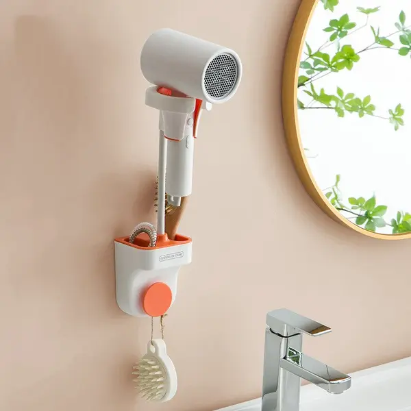 Suport pentru para de dus sau feon, multidirectional, din ABS, montare pe perete, lipire, rezistent, cu spatii de depozitare incorporate, alb/portocaliu
