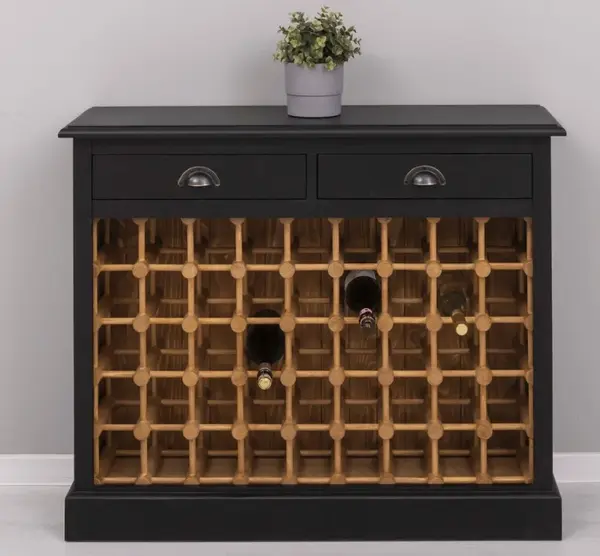 Suport sticle vin cu 2 sertare cu finisaj Black/Light Walnut Waxed