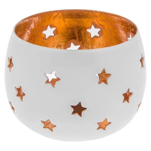 Suport tip pahar pentru lumanare,perforatii stelute,metal,alb,7x7 cm
