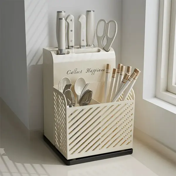 Suport ustensile bucatarie, recipient cutite, 3 compartimente, plastic, 21 x 16 x 15 cm, alb