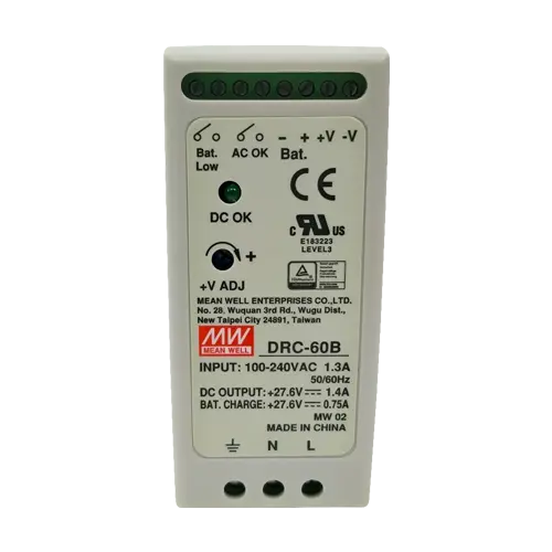 Sursă de alimentare în comutație 27.6V / 2.15A (CH1 1.4A + CH2 0.75A), 59.34W, șină DIN, backup, MEAN WELL DRC-60B