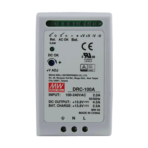 Sursă de alimentare în comutație cu backup 13.8V / 7A (4.5A + 2.5A), 96.6W, șină DIN, Mean Well DRC-100A